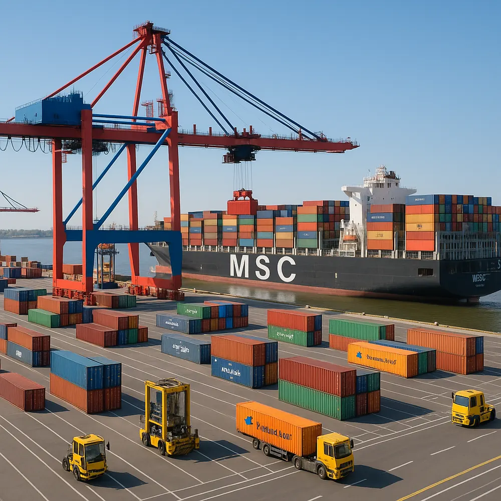 Containerterminal mit Containerbrücken und Containerstapeln