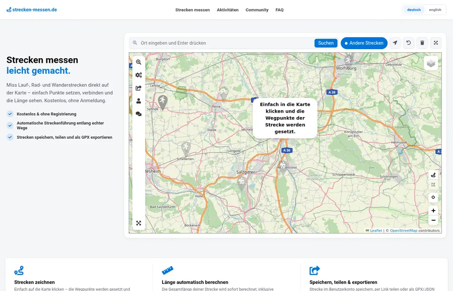 strecken-messen.de: Karte zum Messen von Lauf-, Rad- und Wanderstrecken