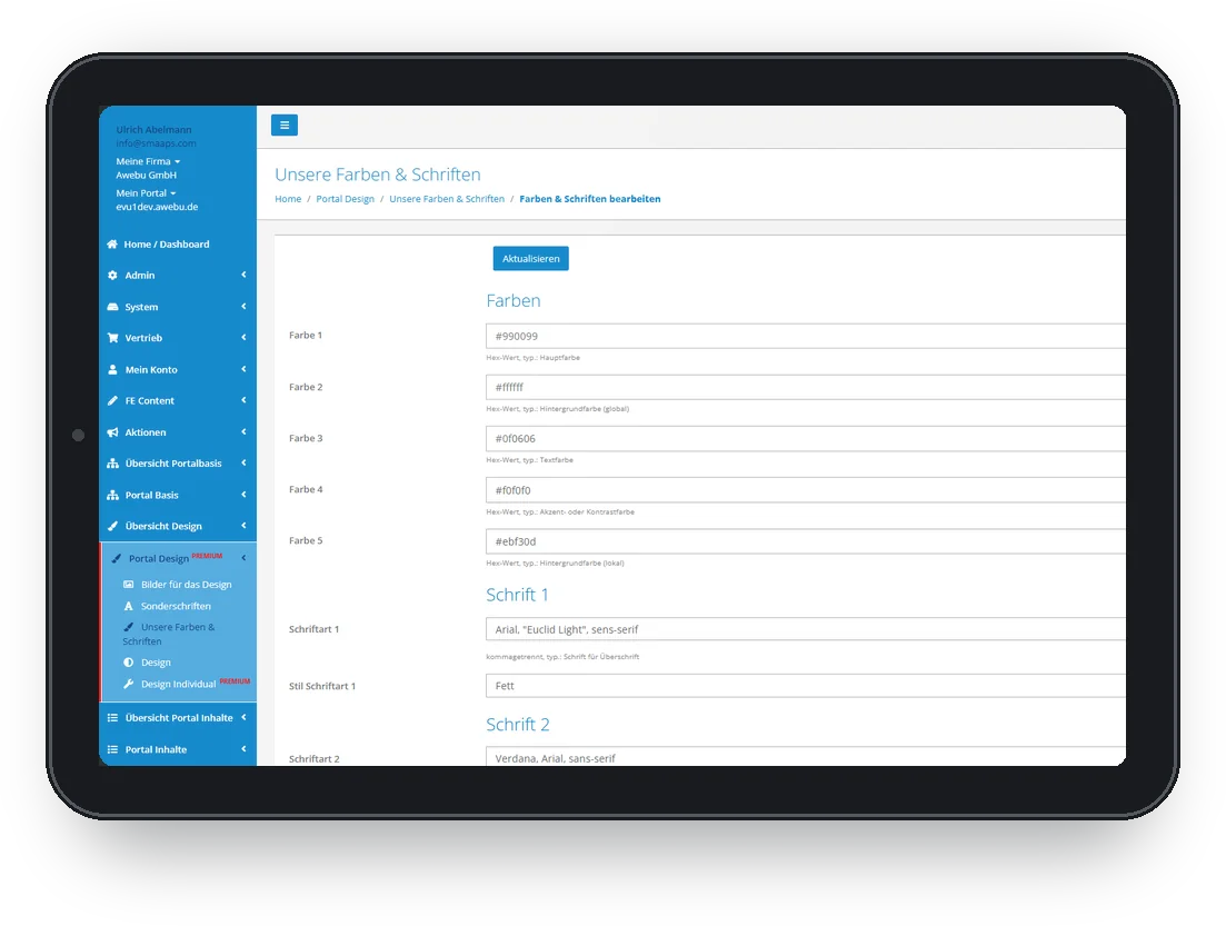 Design-Einstellungen im Awebu-Portal auf einem Tablet
